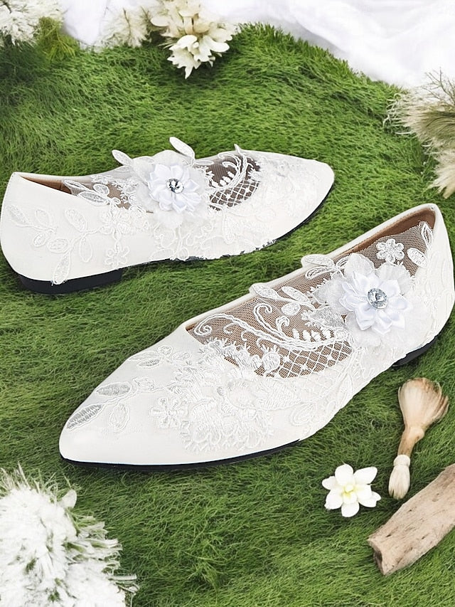 Mesh with Floral White Appliqué Design Shoes and Lace Wedding