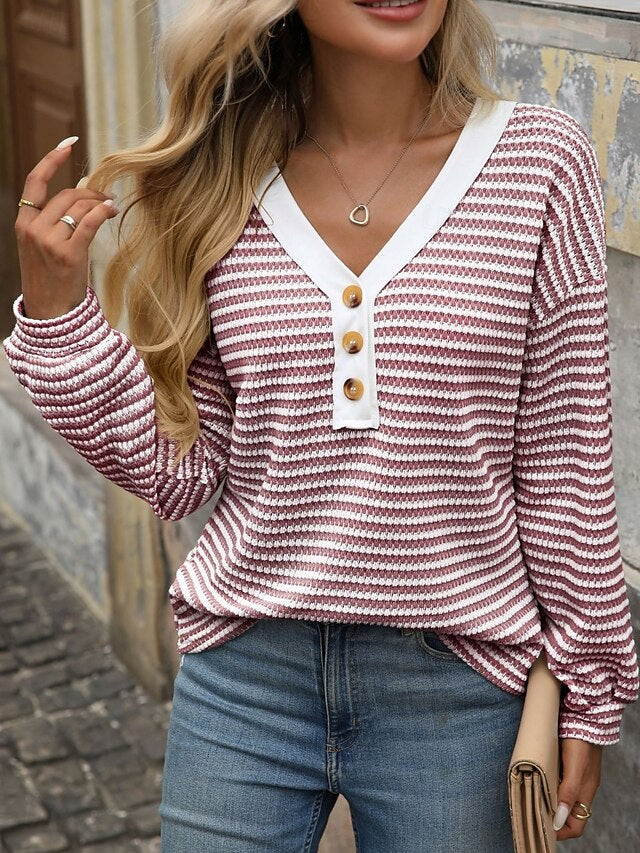Women's T Shirt Tee Top Patchwork Buttons Print Striped