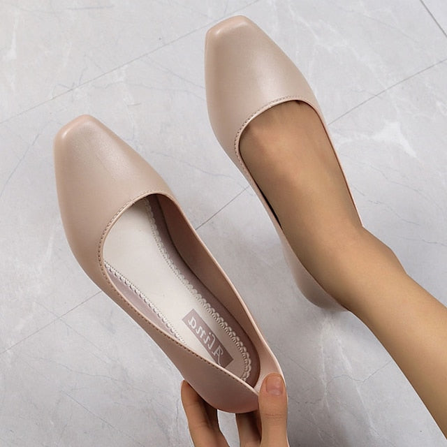 Women's Toe Classic Low Heel Pumps Black Round Slip-On –