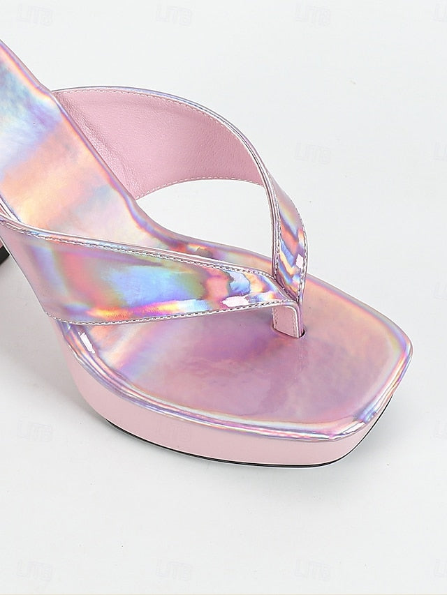 Chunky with Block Pink Heels Open-Toe Women's Iridescent