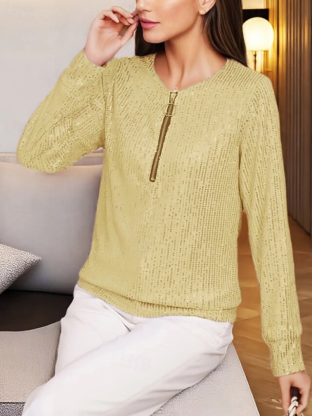 Women's T Shirt Tee Top Sequins Quarter Zip Plain Fashion