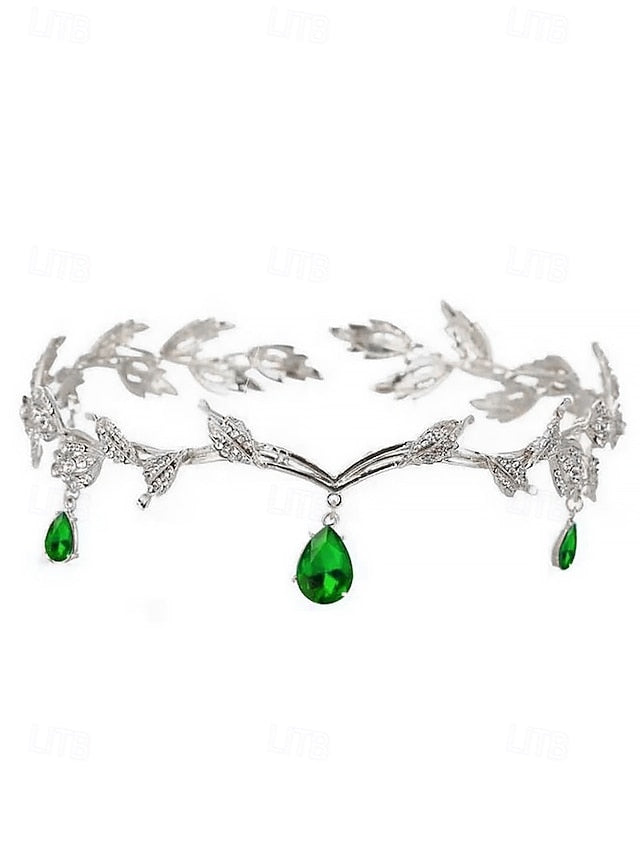 Headpiece – Blue Gemstone with Leaf Drops Vintage Gold