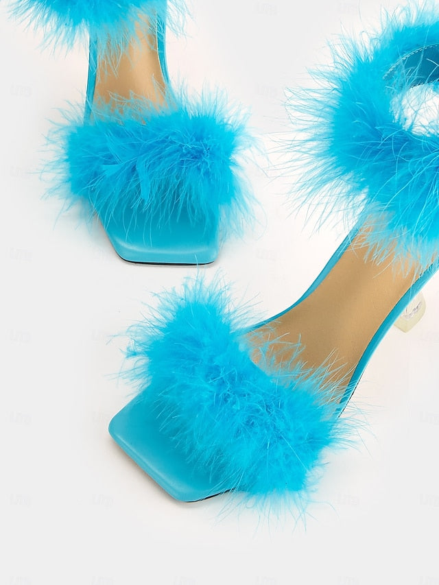 Clear with High Turquoise Feather-Embellished Heel Sandals