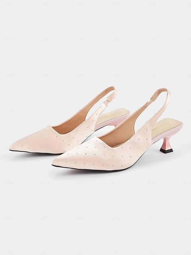 Slingback Heels with Satin Women's Studs Rhinestone Kitten