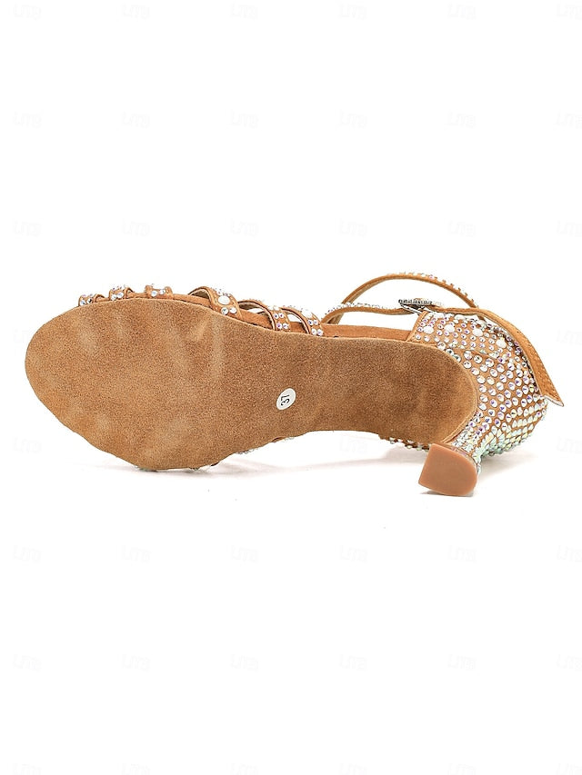 Sandals High Heel Tan Rhinestone-Embellished with Dance Latin