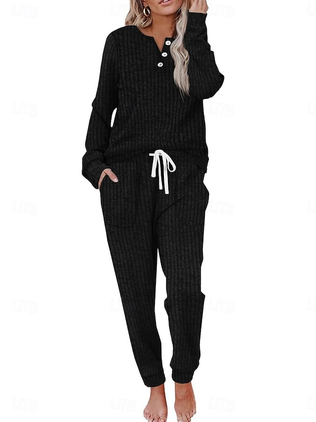 Women's Pants Sets Long Sleeve Crew Neck Solid Color