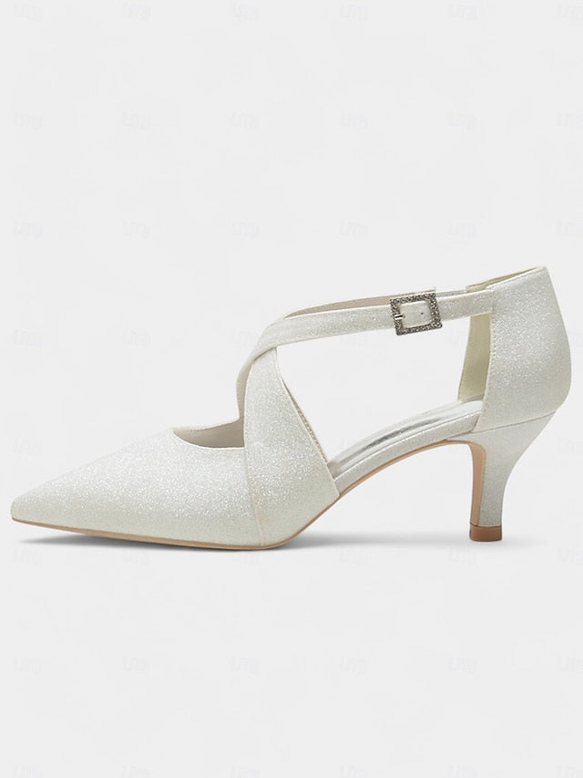 Cross Glitter Kitten with Rhinestone Heels Strap Buckle White