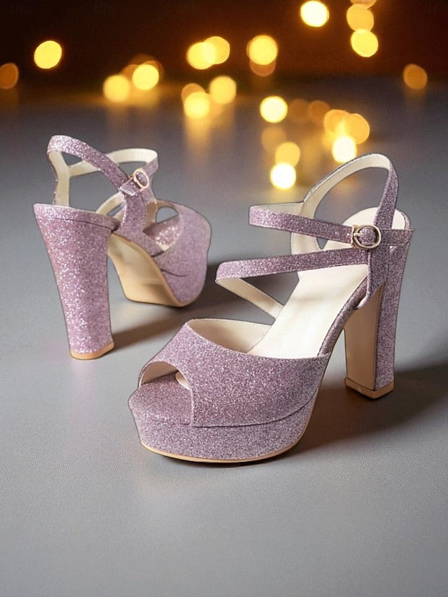 with Glitter High Platform Heel Women's Sandals Ankle Strap