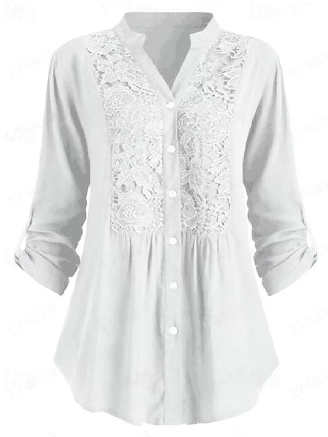Women's Shirt Blouse Ruched Lace Buttons Plain Elegant