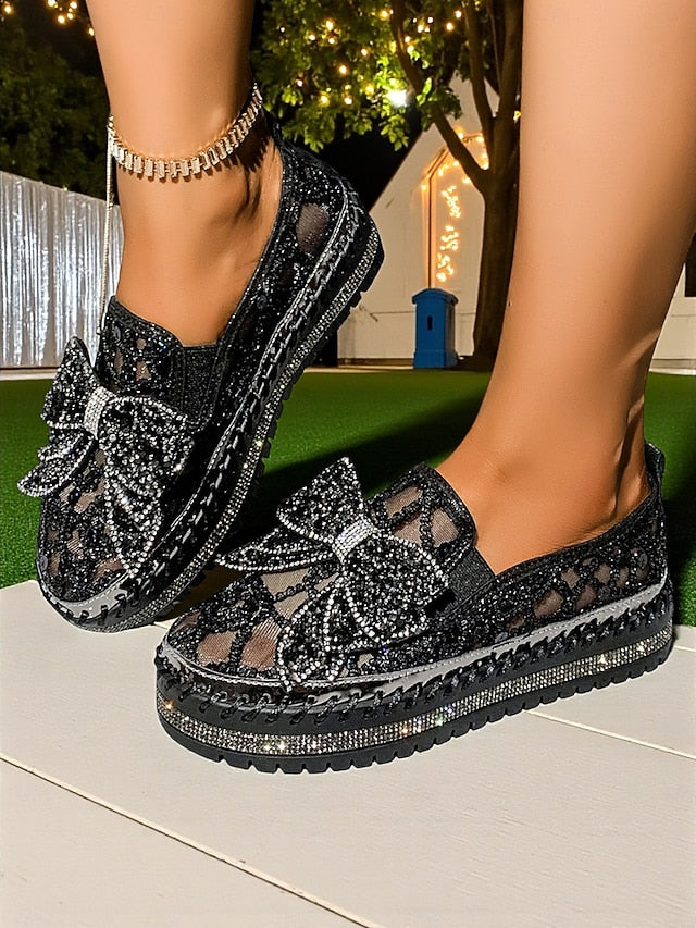Black Shoes Rhinestone Slip-On Lace Bow with Women's