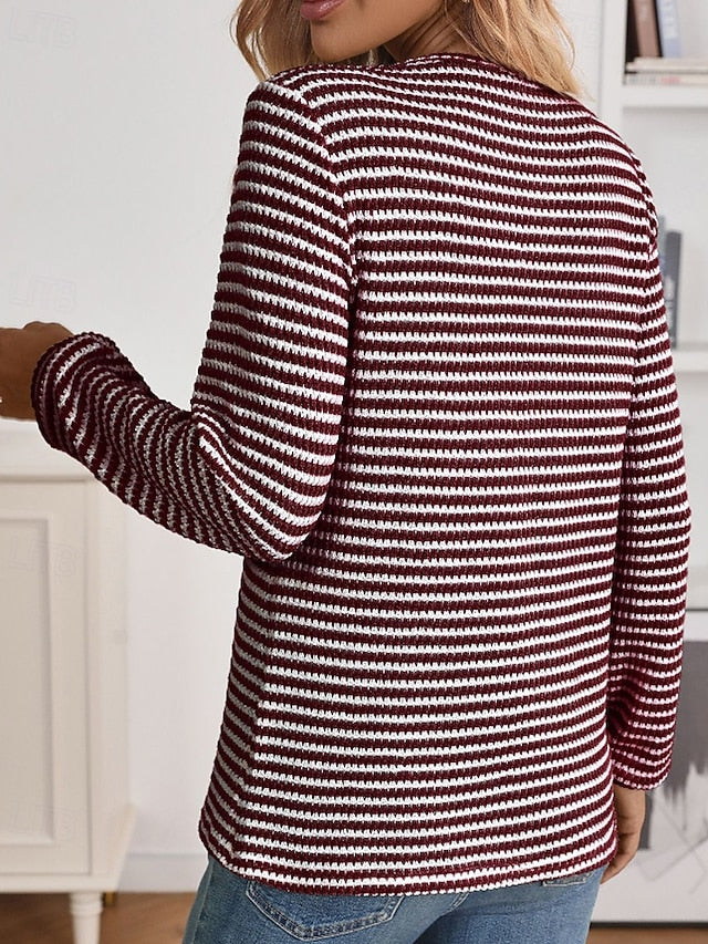 Women's T Shirt Buttons Striped Classic Casual Long Sleeve