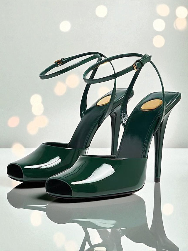 High Heels Peep Toe Patent Women's Green Leather Dark -