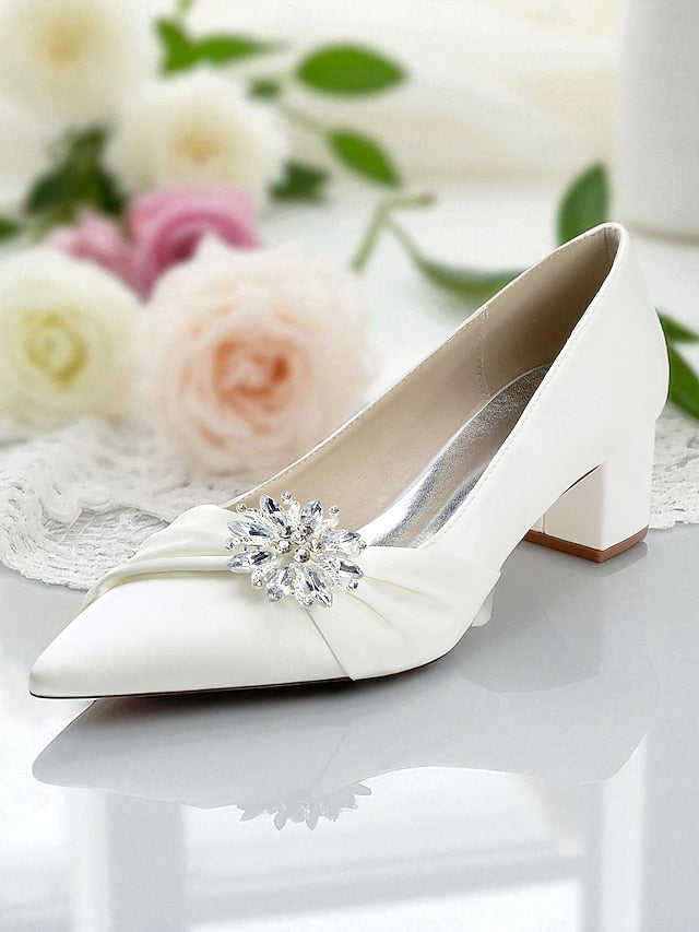 White Block with Women's Pumps Heel Low Crystal