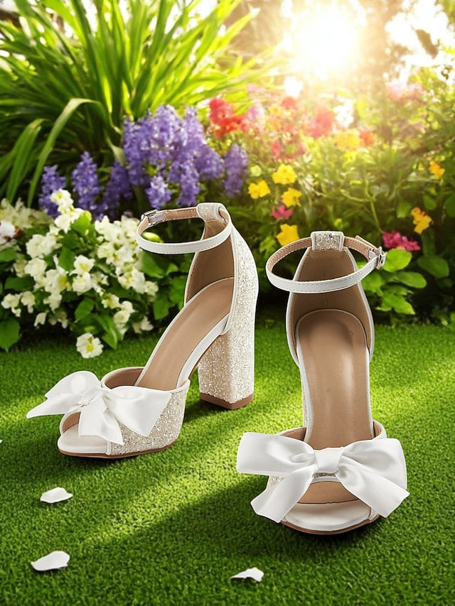 White Ankle with Block Women's Sandals Heel Glitter Wedding