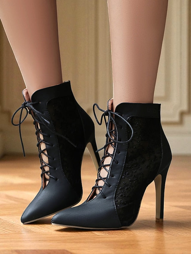 Heels Women's Stiletto Booties Mesh with White Lace Ankle