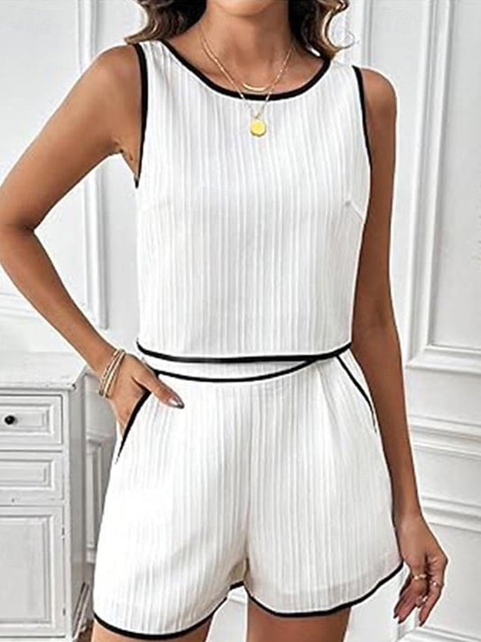 Women's Blouse Shorts Sets Sleeveless Crew Neck Color Block