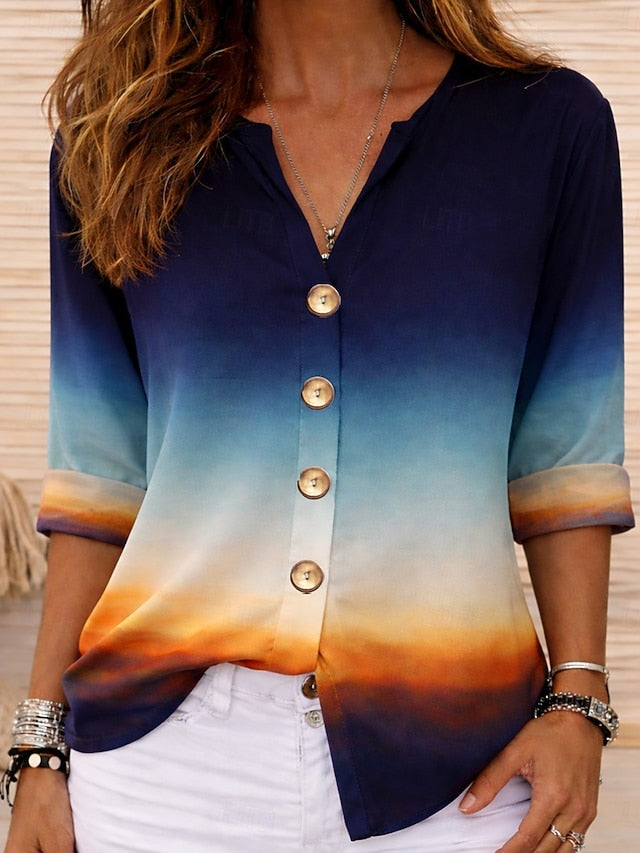 Women's Shirt Tunic Summer Tops Buttons Ombre Graphic