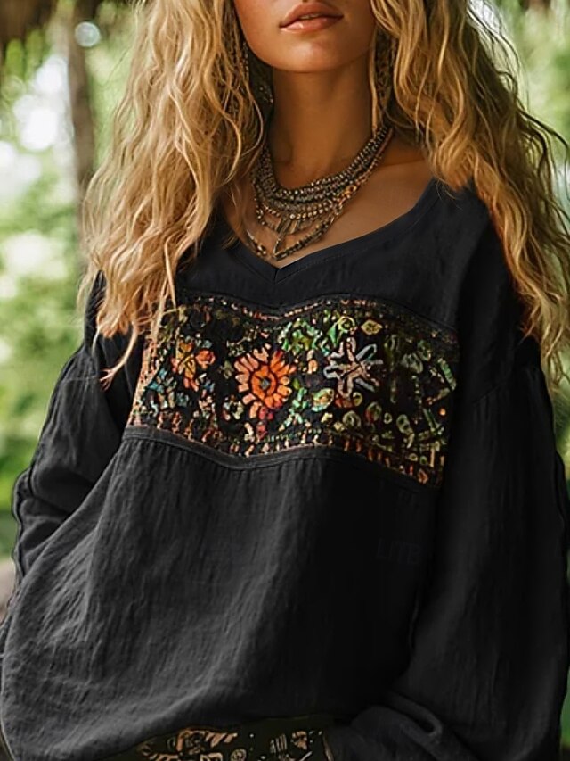 Women's Western Blouse Boho Shirt Blouse Faux Cotton Linen