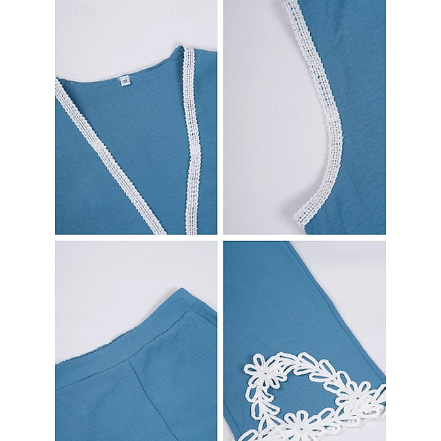 Women's Shirt Pants Sets Sleeveless V Neck Solid Color Lace