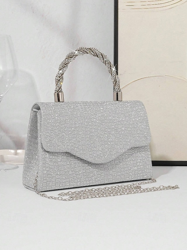 Glitter Handle Handbag Silver Rhinestone Women's with –
