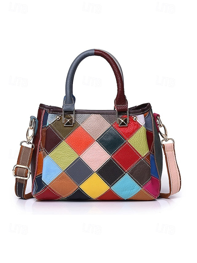 Women's Leather Handbag, Multi-Color Patchwork Design,