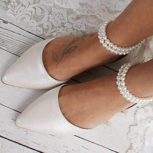 Flats Strap Bridal Pearl – Elegant White Ankle Women's