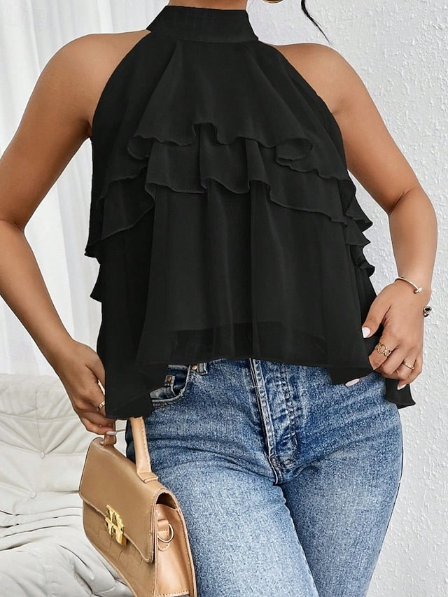 Women's Tank Top Tee Top Ruffle Solid Color Elegant Fashion
