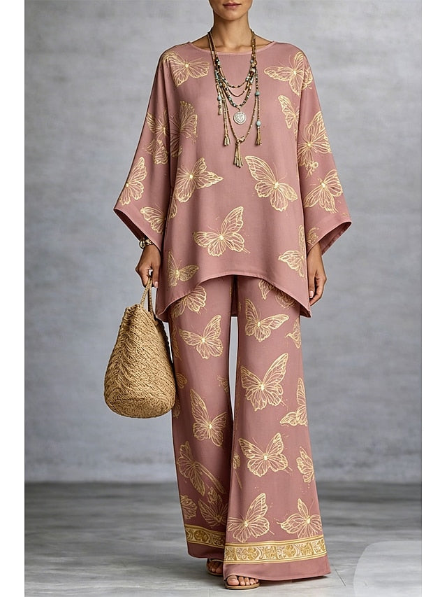 Women's Pants Sets Long Sleeve Round Neck Graphic Butterfly