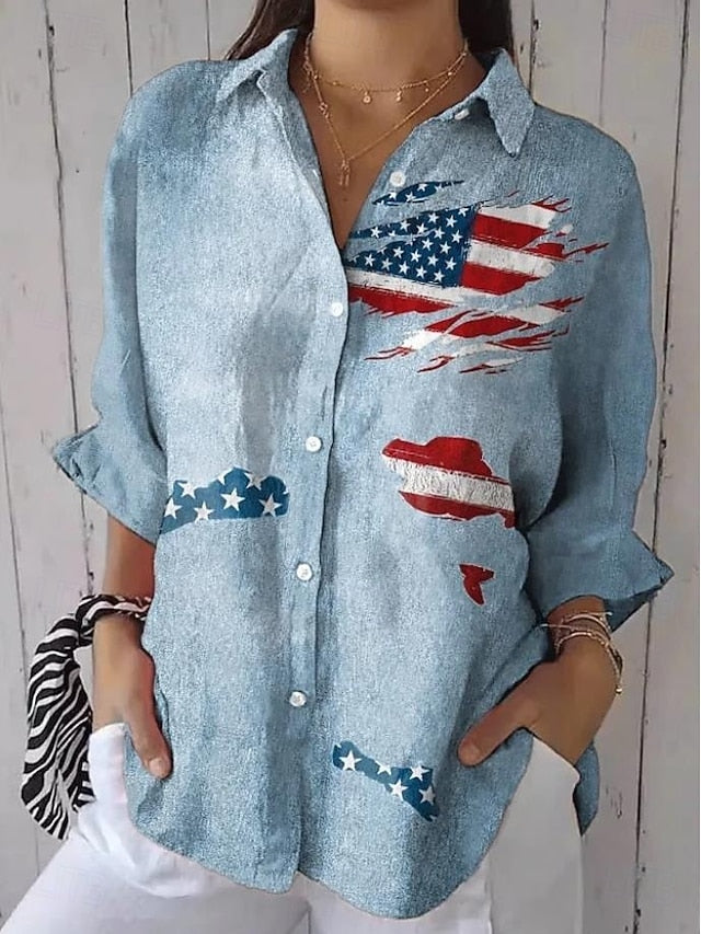 American Independence Day Women's Shirt Linen Like