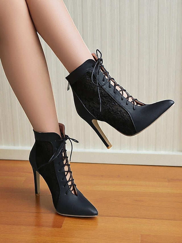 Heels Women's Stiletto Booties Mesh with White Lace Ankle