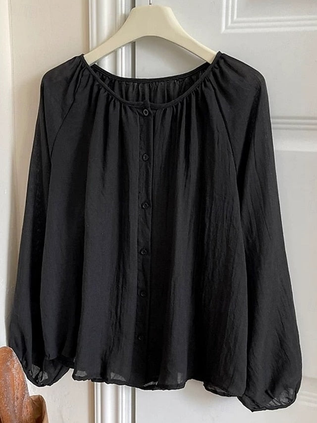 Women's Linen Like Faux Cotton Linen Blouse Ruched Solid