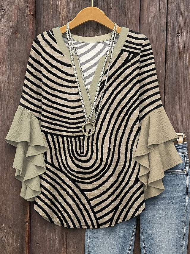 Women's Blouse V Neck Graphic Geometric Striped Elegant