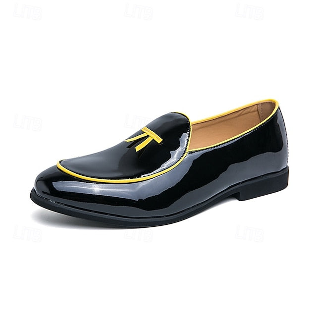 Faux Trim Black Men's Leather Patent Loafers Yellow with