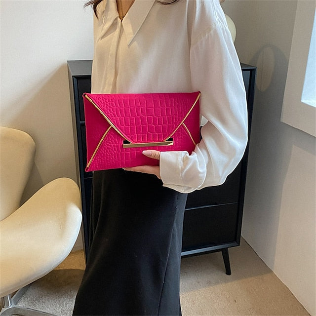 Metal Yellow Envelope Handle Women’s Clutch with Croc-Embossed