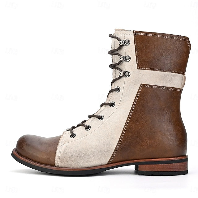 Faux Boots Leather Men's Lace-Up Two-Tone Vintage Mid-Calf