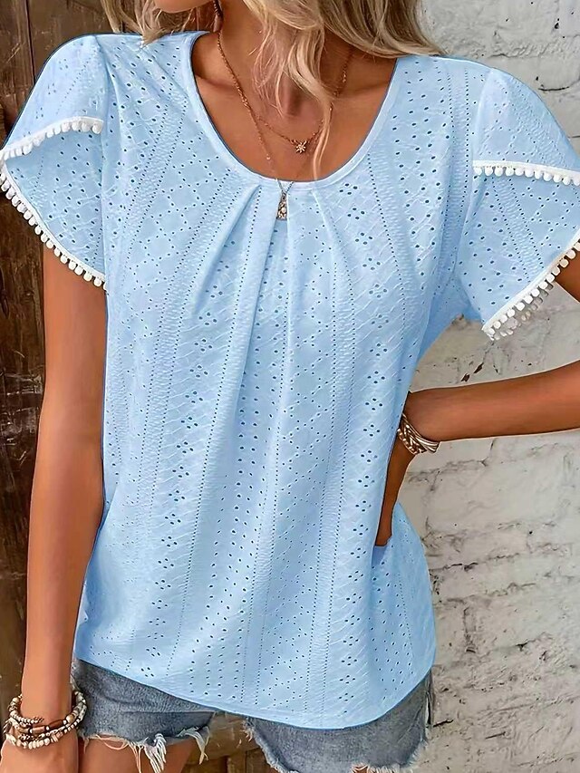 Women's Eyelet Embroidery T Shirts Patchwork Pleats Solid