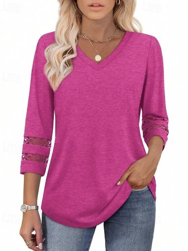 Women's T Shirt Eyelet Plain Casual Long Sleeve V Neck