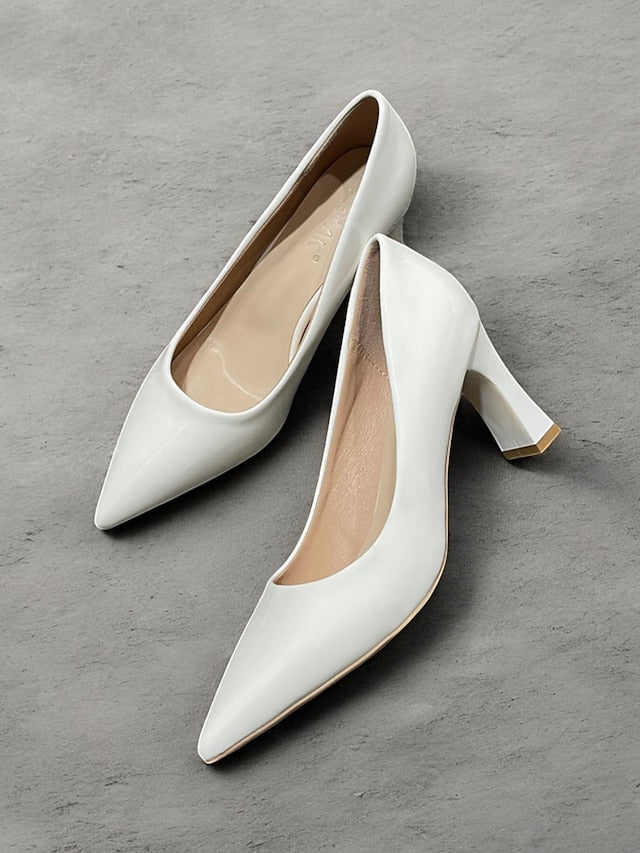 Glossy Heel Leather Pointed-Toe Patent Faux Block Pumps Green