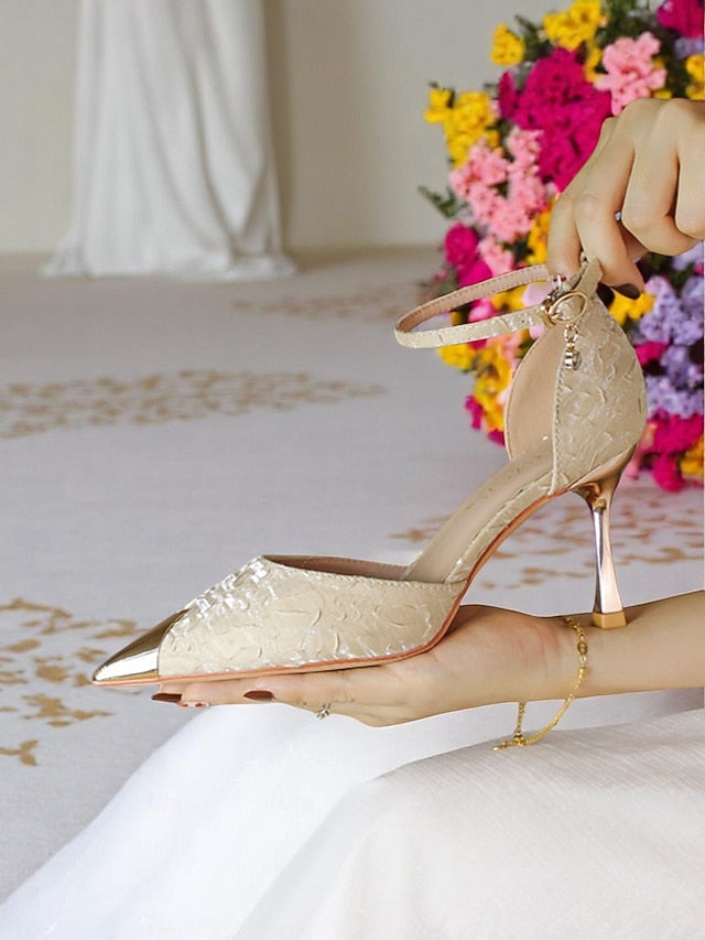 with Beige Women's Pointed Toe Gold Heels Satin and Accents