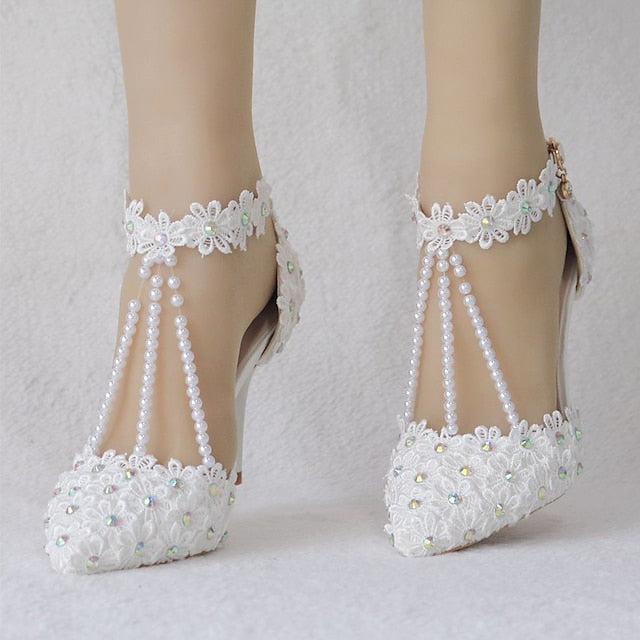 Shoes Heel Lace High Women's Bridal Pointed Wedding