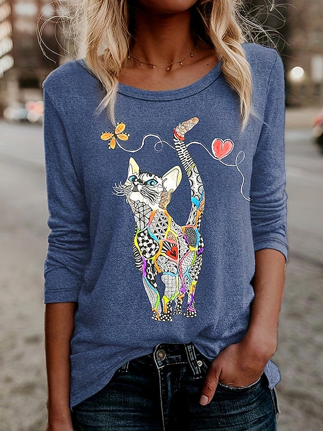 Women's T shirt Long Sleeve Floral Graphic Cat Vintage