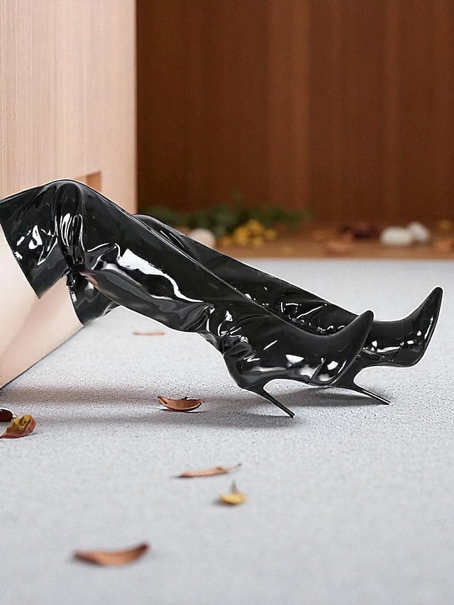 Women's Toe Black Over-the-Knee Leather Pointed Patent