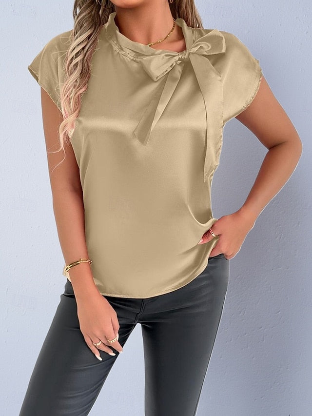 Women's Shirt Satin Shirt Casual Shirt Bow Plain Stylish