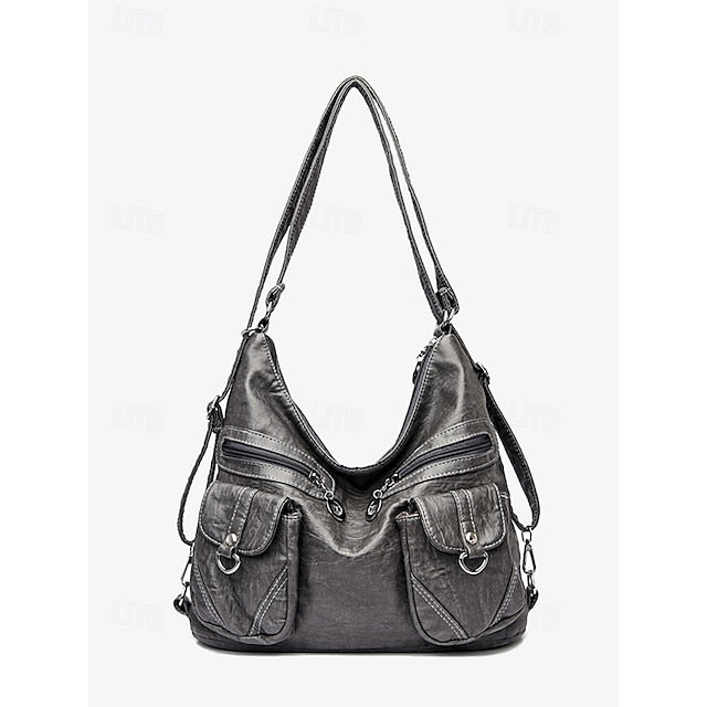 Brown Leather Women's Bag Multiple Faux Pockets with Hobo
