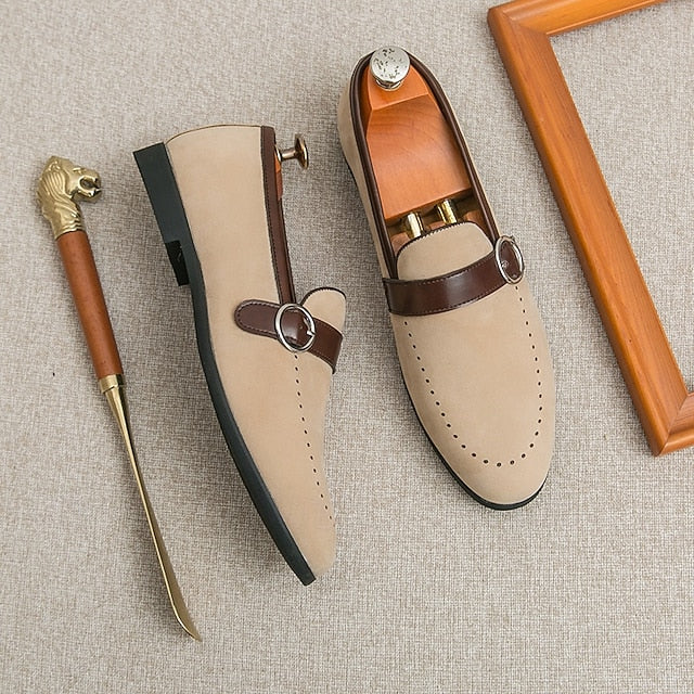 Loafers Faux Men's Brown Slip-On Suede Buckle Strap with