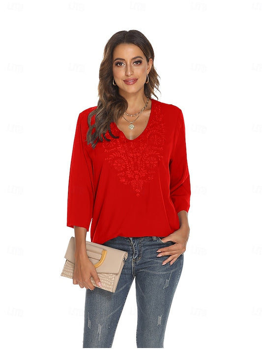 Women's Boho Shirt Embroidered Floral Bohemia Casual 3/4