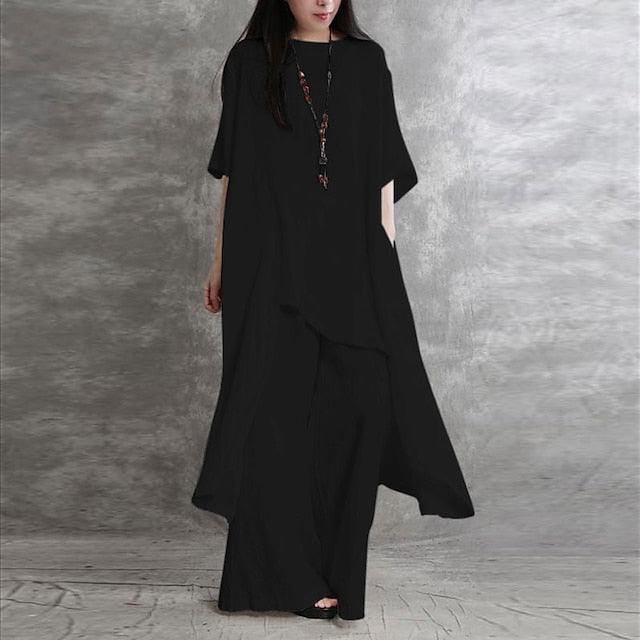 Women's Shirt Pants Sets Long Cotton Top Wide Leg Pants