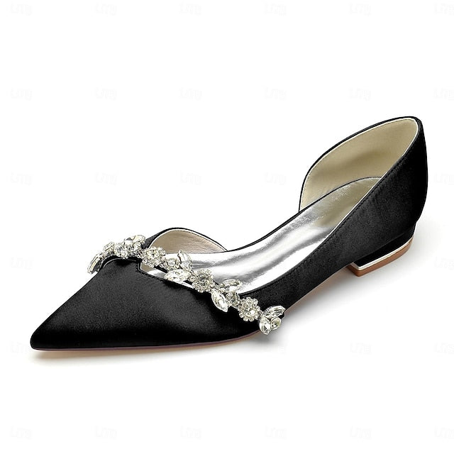 White Satin Flat Shoes Crystal Pointed Wedding with and Toe