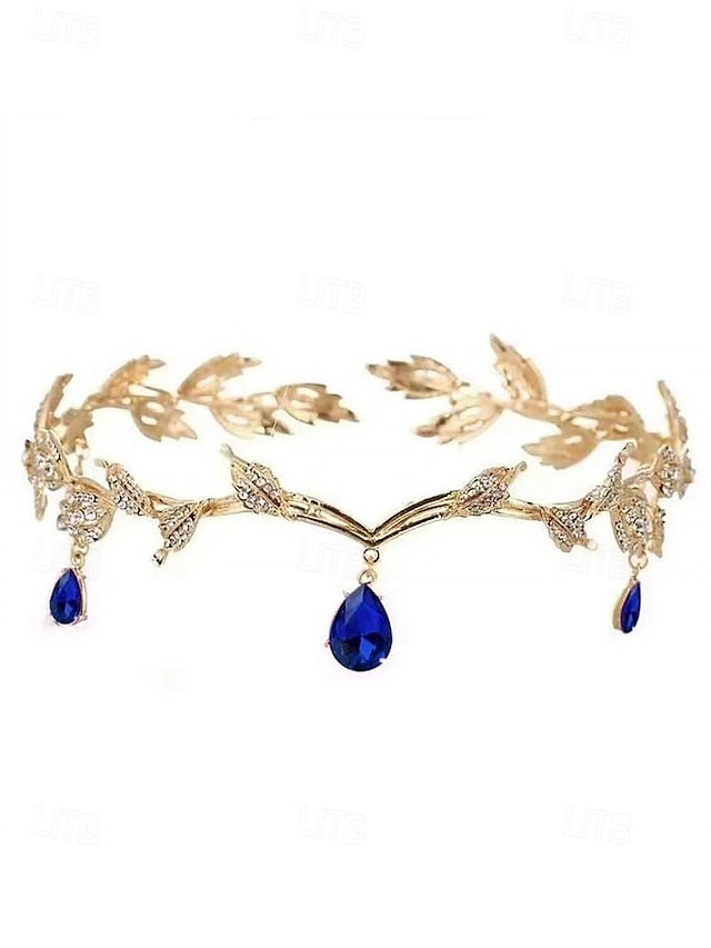 Headpiece – Blue Gemstone with Leaf Drops Vintage Gold