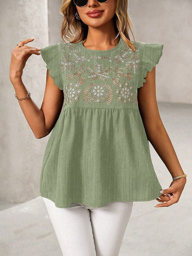 Women's T Shirt Tee Top Embroidered Floral Bohemia Vintage